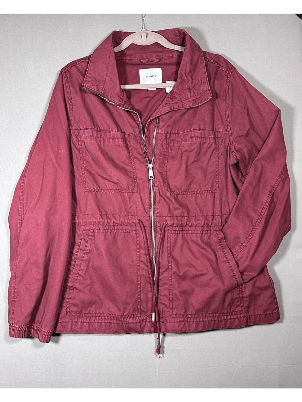 Old Navy Jacket M Burgundy Full Zip Drawstring Utility Coat Fall Layering Casual
